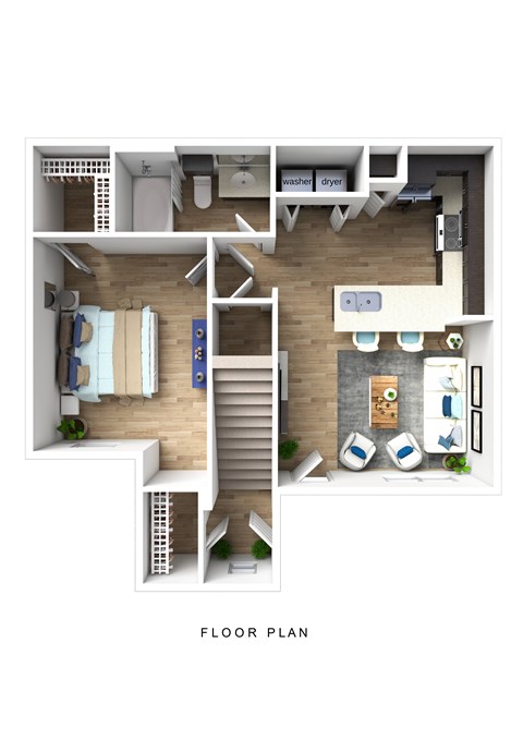 A floor plan of a house with a kitchen, living room, and bathroom.